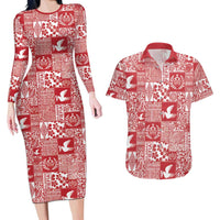 Red Tonga Kilisimasi Fiefia Couples Matching Long Sleeve Bodycon Dress and Hawaiian Shirt Pacific Patchwork Xmas Vibes LT9 Red - Polynesian Pride