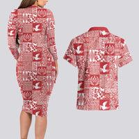 Red Tonga Kilisimasi Fiefia Couples Matching Long Sleeve Bodycon Dress and Hawaiian Shirt Pacific Patchwork Xmas Vibes - Polynesian Pride