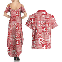 Red Tonga Kilisimasi Fiefia Couples Matching Summer Maxi Dress and Hawaiian Shirt Pacific Patchwork Xmas Vibes - Polynesian Pride