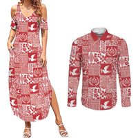 Red Tonga Kilisimasi Fiefia Couples Matching Summer Maxi Dress and Long Sleeve Button Shirt Pacific Patchwork Xmas Vibes LT9 Red - Polynesian Pride