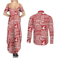 Red Tonga Kilisimasi Fiefia Couples Matching Summer Maxi Dress and Long Sleeve Button Shirt Pacific Patchwork Xmas Vibes LT9 - Polynesian Pride