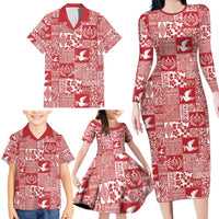 Red Tonga Kilisimasi Fiefia Family Matching Long Sleeve Bodycon Dress and Hawaiian Shirt Pacific Patchwork Xmas Vibes - Polynesian Pride