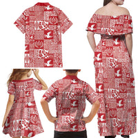 Red Tonga Kilisimasi Fiefia Family Matching Off Shoulder Maxi Dress and Hawaiian Shirt Pacific Patchwork Xmas Vibes - Polynesian Pride