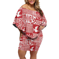 Red Tonga Kilisimasi Fiefia Family Matching Off Shoulder Short Dress and Hawaiian Shirt Pacific Patchwork Xmas Vibes - Polynesian Pride