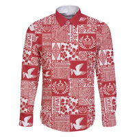 Red Tonga Kilisimasi Fiefia Family Matching Puletasi and Hawaiian Shirt Pacific Patchwork Xmas Vibes LT9 Dad's Shirt - Long Sleeve Red - Polynesian Pride