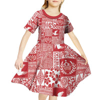 Red Tonga Kilisimasi Fiefia Kid Short Sleeve Dress Pacific Patchwork Xmas Vibes LT9 - Polynesian Pride