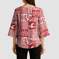 Red Tonga Kilisimasi Fiefia Kimono Sleeve Blouse Pacific Patchwork Xmas Vibes - Polynesian Pride