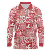 Red Tonga Kilisimasi Fiefia Long Sleeve Polo Shirt Pacific Patchwork Xmas Vibes - Polynesian Pride
