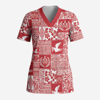 Red Tonga Kilisimasi Fiefia Scrub Top Pacific Patchwork Xmas Vibes - Polynesian Pride