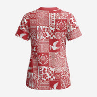 Red Tonga Kilisimasi Fiefia Scrub Top Pacific Patchwork Xmas Vibes - Polynesian Pride