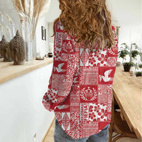 Red Tonga Kilisimasi Fiefia Women Casual Shirt Pacific Patchwork Xmas Vibes - Polynesian Pride