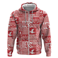 Red Tonga Kilisimasi Fiefia Zip Hoodie Pacific Patchwork Xmas Vibes - Polynesian Pride