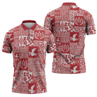 Red Tonga Kilisimasi Fiefia Zipper Polo Shirt Pacific Patchwork Xmas Vibes LT9 - Polynesian Pride