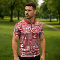 Red Tonga Kilisimasi Fiefia Zipper Polo Shirt Pacific Patchwork Xmas Vibes LT9 - Polynesian Pride