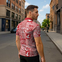 Red Tonga Kilisimasi Fiefia Zipper Polo Shirt Pacific Patchwork Xmas Vibes LT9 - Polynesian Pride