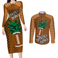 Custom Hawaii Honolulu Bowl Couples Matching Long Sleeve Bodycon Dress and Long Sleeve Button Shirt With Kakau Tribal Pattern LT9 Brown - Polynesian Pride