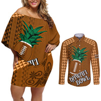 Custom Hawaii Honolulu Bowl Couples Matching Off Shoulder Short Dress and Long Sleeve Button Shirt With Kakau Tribal Pattern LT9 Brown - Polynesian Pride