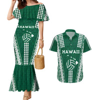 Polynesian Hawaii Volleyball Custom Couples Matching Mermaid Dress and Hawaiian Shirt Green Kakau with Map Motif