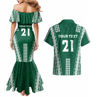 Polynesian Hawaii Volleyball Custom Couples Matching Mermaid Dress and Hawaiian Shirt Green Kakau with Map Motif