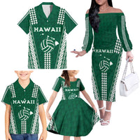 Polynesian Hawaii Volleyball Custom Family Matching Off The Shoulder Long Sleeve Dress and Hawaiian Shirt Green Kakau with Map Motif