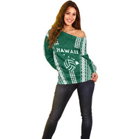 Polynesian Hawaii Volleyball Custom Off Shoulder Sweater Green Kakau with Map Motif