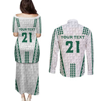 Polynesian Hawaii Volleyball Custom Couples Matching Puletasi and Long Sleeve Button Shirt White Kakau with Map Motif