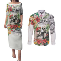 Skeleton Love for Valentine’s Day Couples Matching Puletasi and Long Sleeve Button Shirt Polynesian Tribal Love Forever