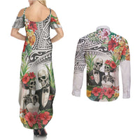 Skeleton Love for Valentine’s Day Couples Matching Summer Maxi Dress and Long Sleeve Button Shirt Polynesian Tribal Love Forever