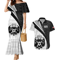 Personalised Tonga Emancipation Day Couples Matching Mermaid Dress and Hawaiian Shirt Since 1970 Ngatu Tribal Pattern LT9 Black - Polynesian Pride