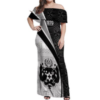Personalised Tonga Emancipation Day Off Shoulder Maxi Dress Since 1970 Ngatu Tribal Pattern LT9 Women Black - Polynesian Pride