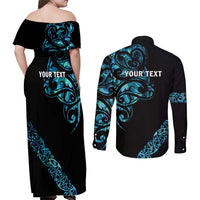 All Black Maori Tribal Tattoo Personalised Couples Matching Off Shoulder Maxi Dress and Long Sleeve Button Shirt Polynesian Style