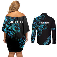 All Black Maori Tribal Tattoo Personalised Couples Matching Off Shoulder Short Dress and Long Sleeve Button Shirt Polynesian Style