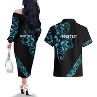 All Black Maori Tribal Tattoo Personalised Couples Matching Off The Shoulder Long Sleeve Dress and Hawaiian Shirt Polynesian Style