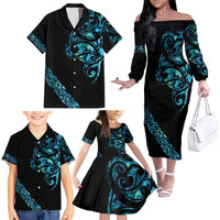All Black Maori Tribal Tattoo Personalised Family Matching Off The Shoulder Long Sleeve Dress and Hawaiian Shirt Polynesian Style