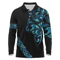 All Black Maori Tribal Tattoo Personalised Long Sleeve Polo Shirt Polynesian Style