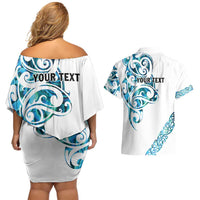 All White Maori Tribal Tattoo Personalised Couples Matching Off Shoulder Short Dress and Hawaiian Shirt Polynesian Style