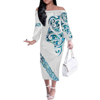 All White Maori Tribal Tattoo Personalised Off The Shoulder Long Sleeve Dress Polynesian Style LT9 Women White - Polynesian Pride