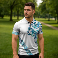 All White Maori Tribal Tattoo Personalised Zipper Polo Shirt Polynesian Style - Polynesian Pride