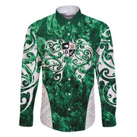 Queensland Maori Kiwi Personalised Family Matching Off Shoulder Short Dress and Hawaiian Shirt Kikirangi Papua Shell Maori Tribal Tattoo LT9 Dad's Shirt - Long Sleeve Green - Polynesian Pride