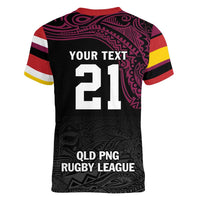 Queensland Papua New Guinea Custom Women V-Neck T-Shirt All Black Pacific PNG Tribal Style