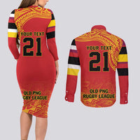 Queensland Papua New Guinea Custom Couples Matching Long Sleeve Bodycon Dress and Long Sleeve Button Shirt All Red Pacific PNG Tribal Style