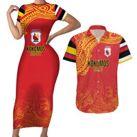 Queensland Papua New Guinea Custom Couples Matching Short Sleeve Bodycon Dress and Hawaiian Shirt All Red Pacific PNG Tribal Style