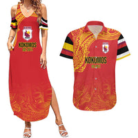 Queensland Papua New Guinea Custom Couples Matching Summer Maxi Dress and Hawaiian Shirt All Red Pacific PNG Tribal Style