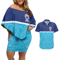 Queensland Samoa Custom Couples Matching Off Shoulder Short Dress and Hawaiian Shirt Blue Pacific Polynesian Tribal Pattern