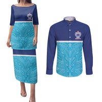 Queensland Samoa Custom Couples Matching Puletasi and Long Sleeve Button Shirt Blue Pacific Polynesian Tribal Pattern