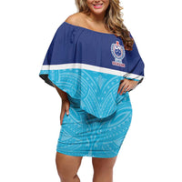 Queensland Samoa Custom Family Matching Off Shoulder Short Dress and Hawaiian Shirt Blue Pacific Polynesian Tribal Pattern
