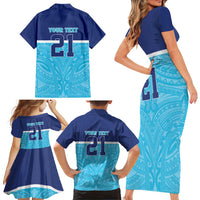 Queensland Samoa Custom Family Matching Short Sleeve Bodycon Dress and Hawaiian Shirt Blue Pacific Polynesian Tribal Pattern
