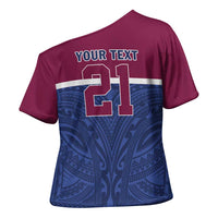 Queensland Samoa Custom Cross Shoulder Shirt Maroon-Blue Pacific Polynesian Tribal Pattern - Polynesian Pride