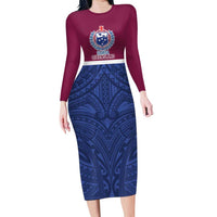 Queensland Samoa Custom Family Matching Long Sleeve Bodycon Dress and Hawaiian Shirt Maroon-Blue Pacific Polynesian Tribal Pattern