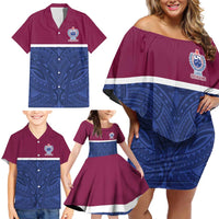 Queensland Samoa Custom Family Matching Off Shoulder Short Dress and Hawaiian Shirt Maroon-Blue Pacific Polynesian Tribal Pattern